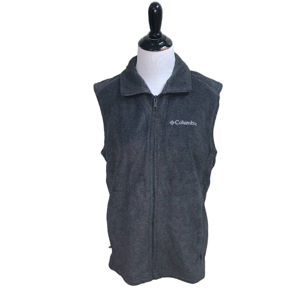 Columbia Men's S Small Fleece Vest Full Zip Gray Warm Zipper Pockets Embroidery